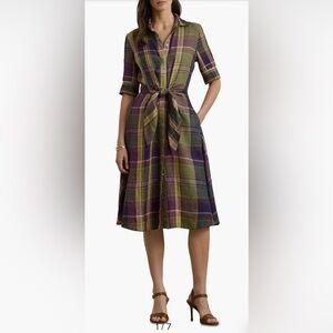 Lauren Ralph Lauren Plaid Tie Front Linen Shirtdress